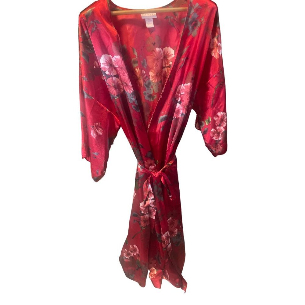 Serenada Red Satin Floral Belted Long Robe Sz 1X